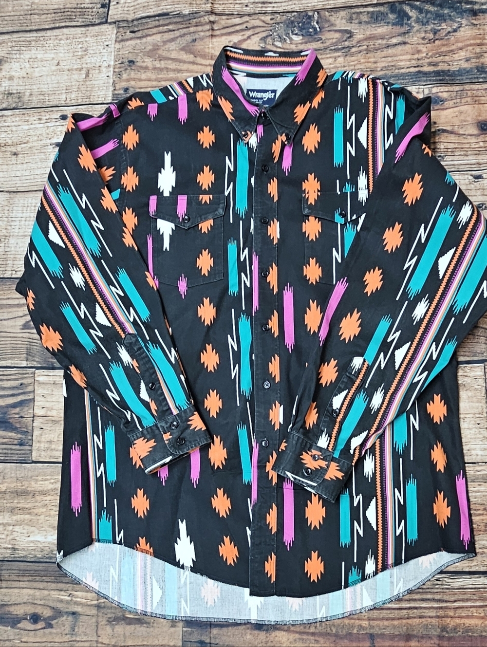 Vintage 90s Wrangler Western Striped Multicolor Brushpopper Aztec Shirt 17.5-36